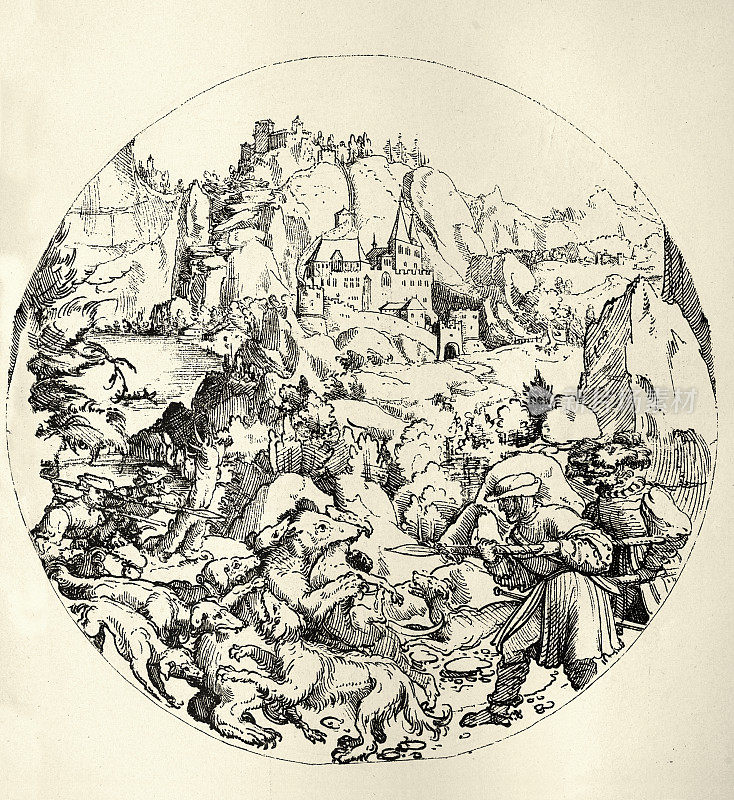 The Bear Hunt, German etching, Hunting dogs attacking a bear, hunters armed with spears, 16th Century .Die bärenjagd by  Hans Burgkmair
